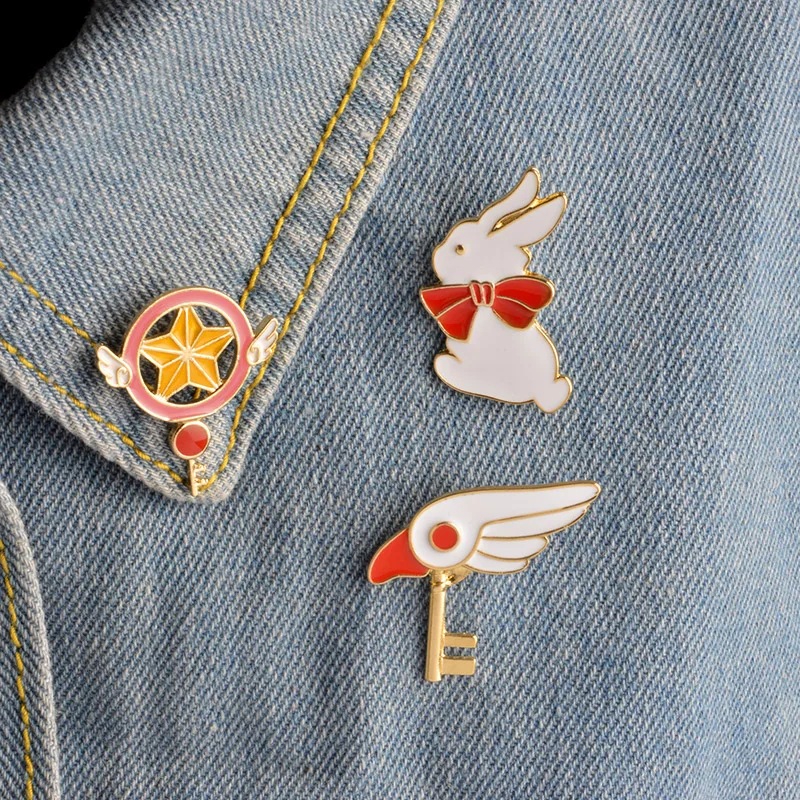 

Cute Star Stick Magic Wand Bird Head Rabbit Brooch for Girls Denim Jackets Pin Uniform Badge Fashion Japanese Animation Jewelry