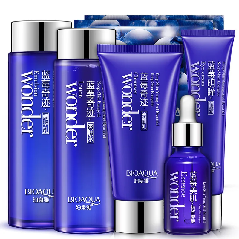 

BIOAQUA Blueberry Moisturizing Skin Care Suit Essence Cream+EssenceLiquid+Toner+Cleanser+EyeCream+Mask Facial Care Set Whitening