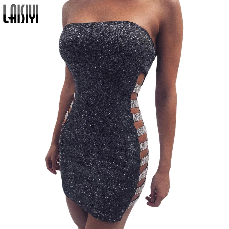 

LAISIYI Black Clubwear Mini Glitter Dress Off Shoulder Bodycon Robe Sexy Dresses Ladies Hollow Out Party Vestido Mujer ASDR21743