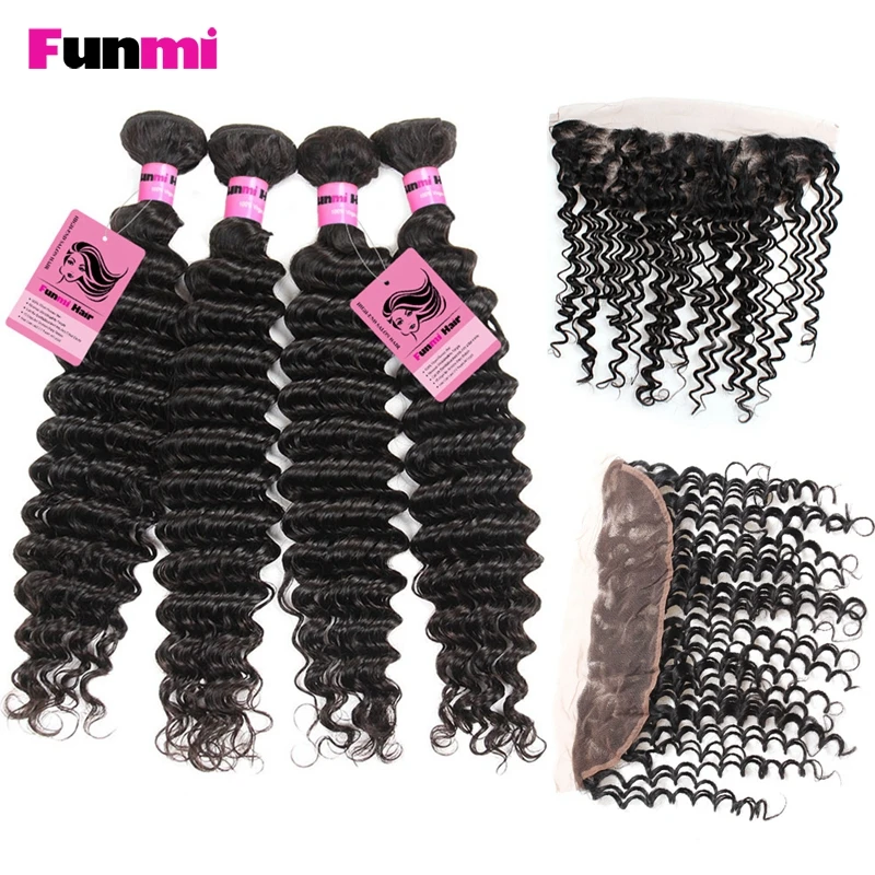 

Funmi 13x4 Pre Plucked Lace Frontal with 4 Bundles Peruvian Deep Wave with Frontal Closure Virgin Human Hair Bundle with Frontal