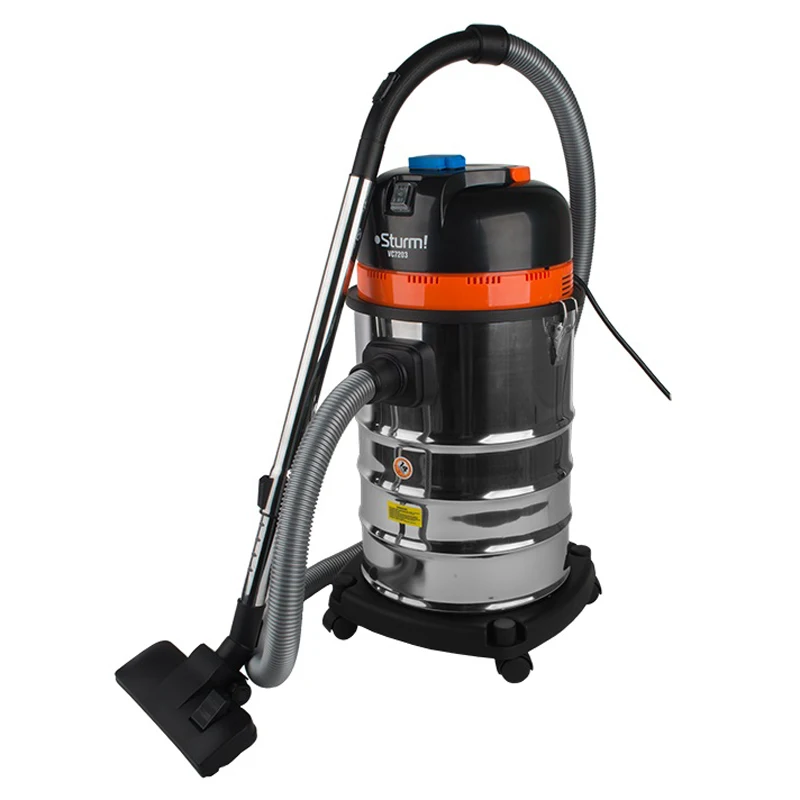 Vacuum cleaner for dry and wet cleaning Sturm! VC7203(Мощность 2000 Вт, вместимость пылесборника 30 л, длина шланга 2 м, длина кабеля 4 м, регулировка силы всасывания, cистема хранения насадок на корпусе