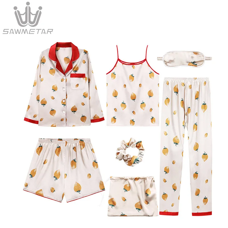 

2019 Women Summer Pajamas Sets Silk Satin Pijama 7 Pieces Sets Pyjamas Women Long Sleeve Print Sleepwear Turn-Down Collar Pajama