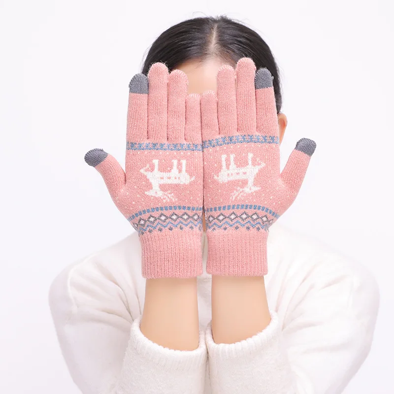 Женские милые вязаные перчатки с оленем и снежинками, зимние перчатки на весь палец, рукавицы женские перчатки для сенсорного экрана, рождественский подарок для девочек