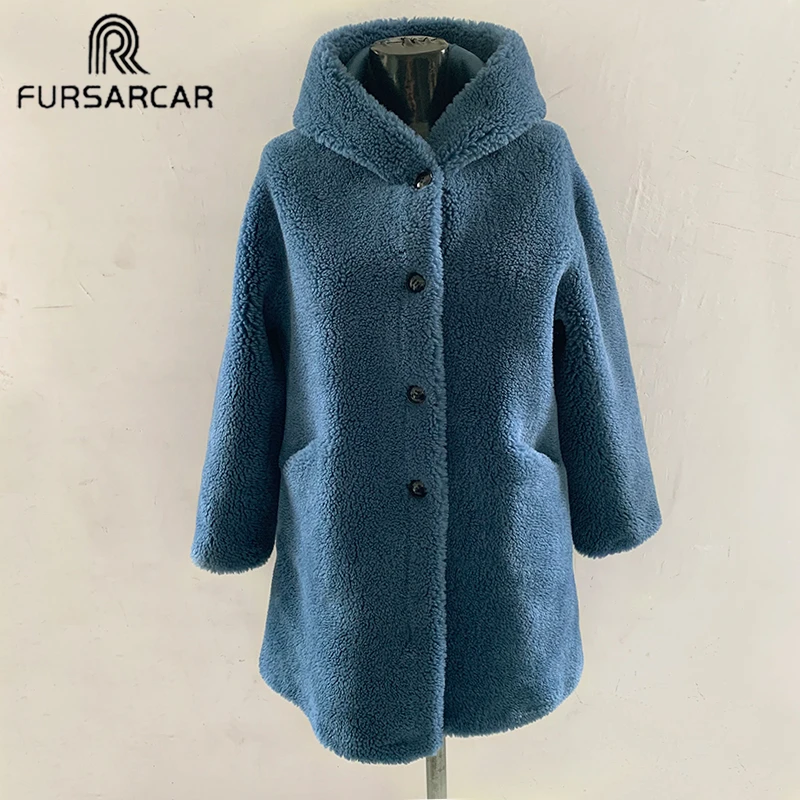 

FURSARCAR Blue Wool Blends Overcoats Long Coats Fleece Jackets Winter Warm Teddy Coat Cardigan Office Lady Sexy Women Plus Size