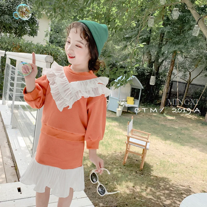 

Mingxi children's clothing 2019 autumn new children's suit girls' clothing skirt two-piece V-neck 2-piece set