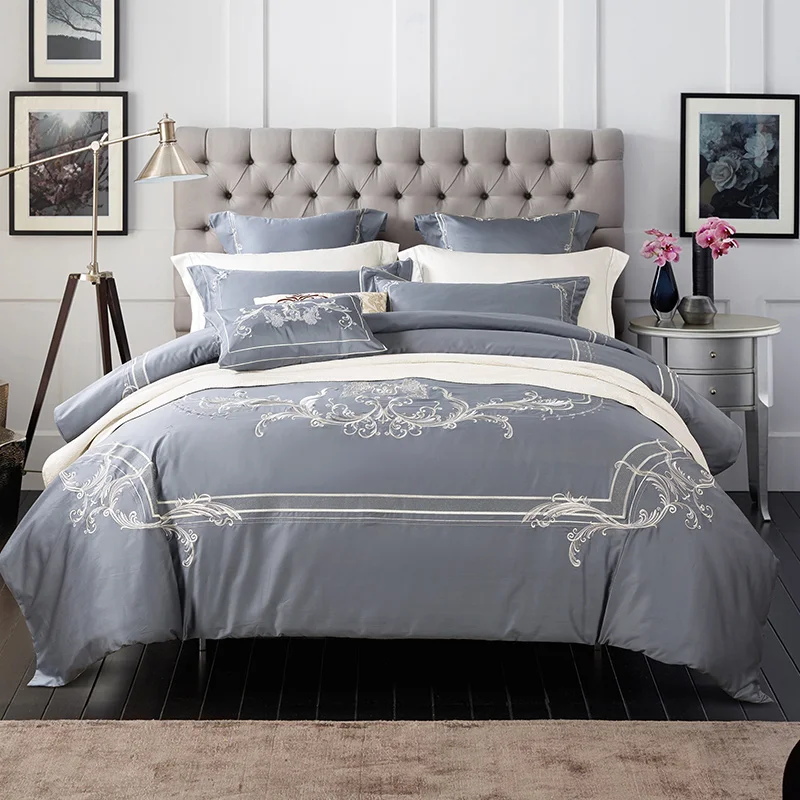 Grey egyptian cotton bedding sets Luxury embroidery wedding bed set ...