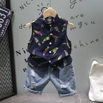 

2PCS WLG boys summer clothing set kids boy white dark blue printed sleeveless shirt and holes denim short set children clothes