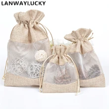 ФОТО 50pcs flax organza linen hessian pouch jute gift bag drawstring pouches jewelry packaging christmas wedding 10x14/13x18/16x22cm 