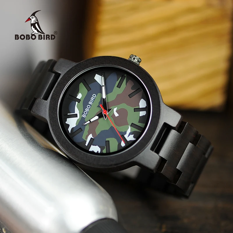 BOBO BIRD Men Watches Male Wooden Quartz Green Camouflage relogio masculino Wristwatches Man Japanese movement in Gift Box