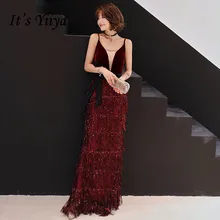 Это YiiYa вечернее платье сексуальное Spahetti ремень красное вино длинное официальное Труба платье сияющее кисточка подол платья для вечеринок E044