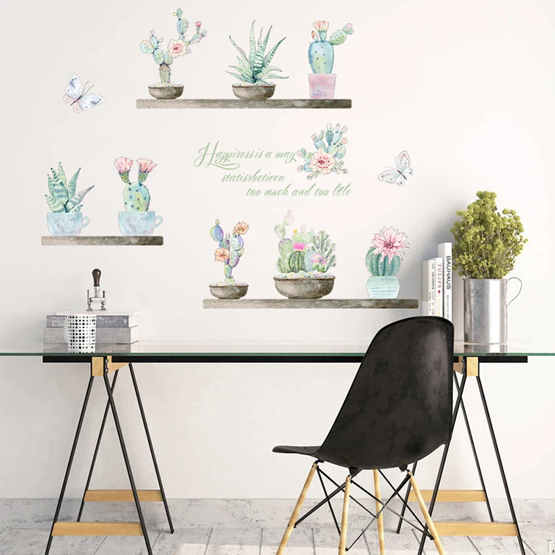 Green Cactus Flower Pot Wall Stickers For Living Room Home Decoration Accessories PVC Plant Pastoral Mural Decor Wall Art Decals