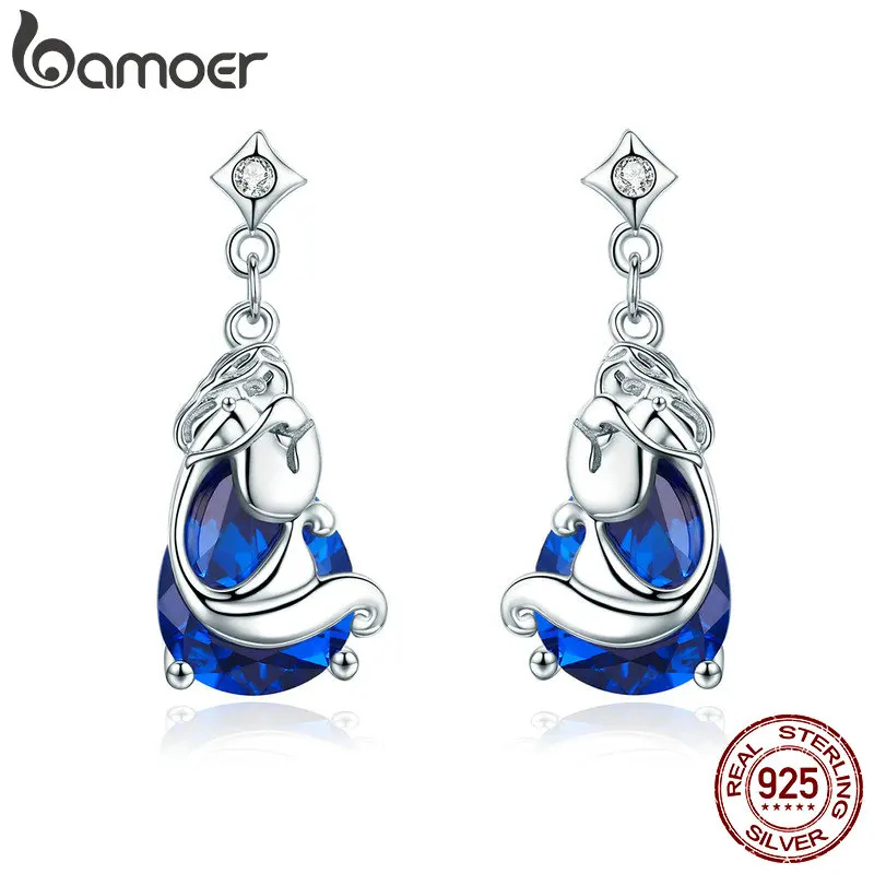 

BAMOER Romantic 925 Sterling Silver Mermaids Missing Legend Blue Crystal Drop Earrings for Women Sterling Silver Jewelry SCE377
