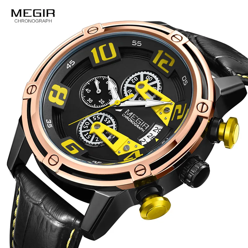 

Megir Men's Quartz Watches Leather Strap Chronograph Wristwatch for Man Military Sports Relogios Masculino Clock ML2078 Yellow