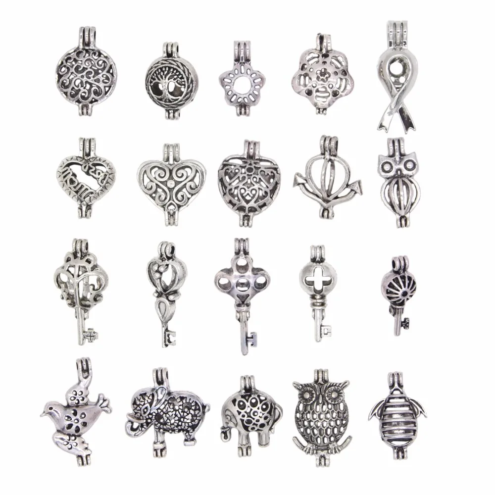 

20pcs Antique Silver Small Pearl Beads Cage Pendant Locket Heart/Owl Animal Shape Essential Oil Diffuser Jewelry Necklace Making