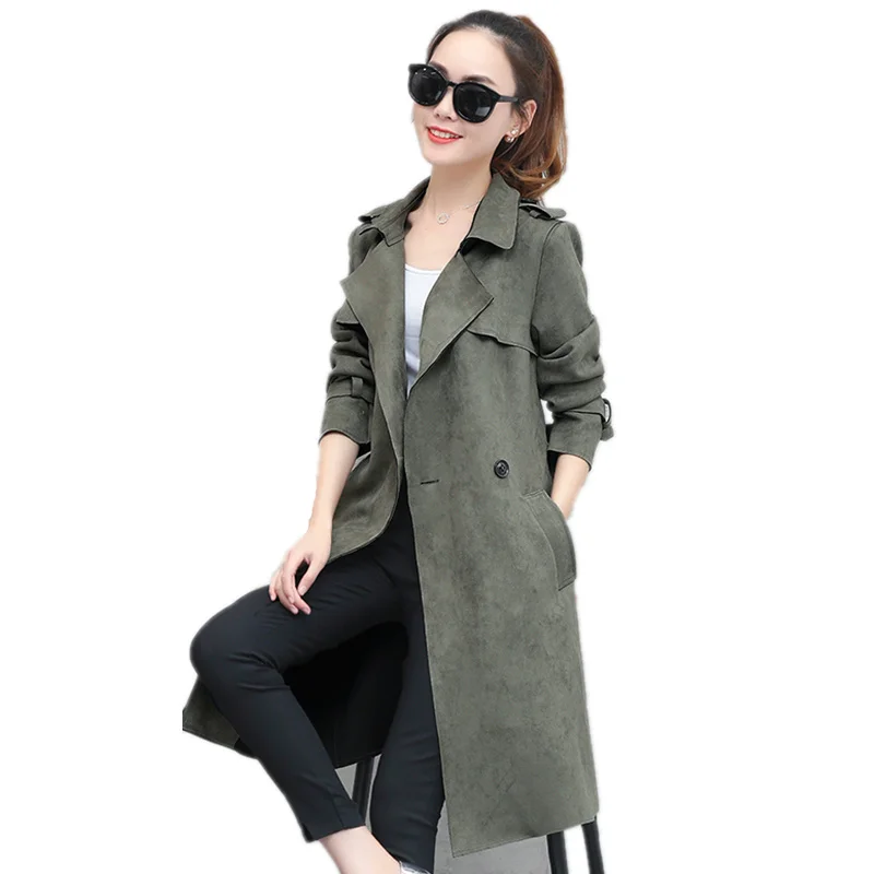 Moda gabardina mujer primavera largo Vintage cintura ajustable mujer abrigo elegante rompevientos gamuza Trench C3882 _ Mobile