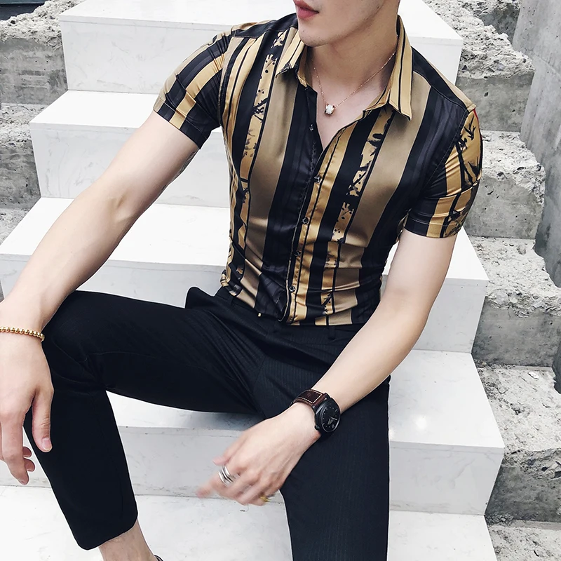 Gold Striped Shirts Mens Club Korean Men Fashion 2019 Mens Dress Shirts ...