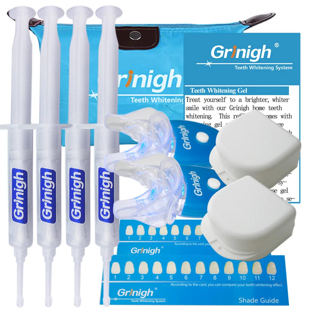 

2 Person Use Grinigh Home Teeth Whitening Kit With 22%CP Carbamide Peroxide Gel 10mlx4 Syringes LED Accelerator Light 2PCS