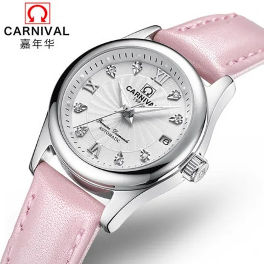 Карнавал Швейцария сапфир механические Женские часы люксовый бренд натуральная кожа водонепроницаемые часы женские reloj bayan kol saati - Цвет: Pink C8830