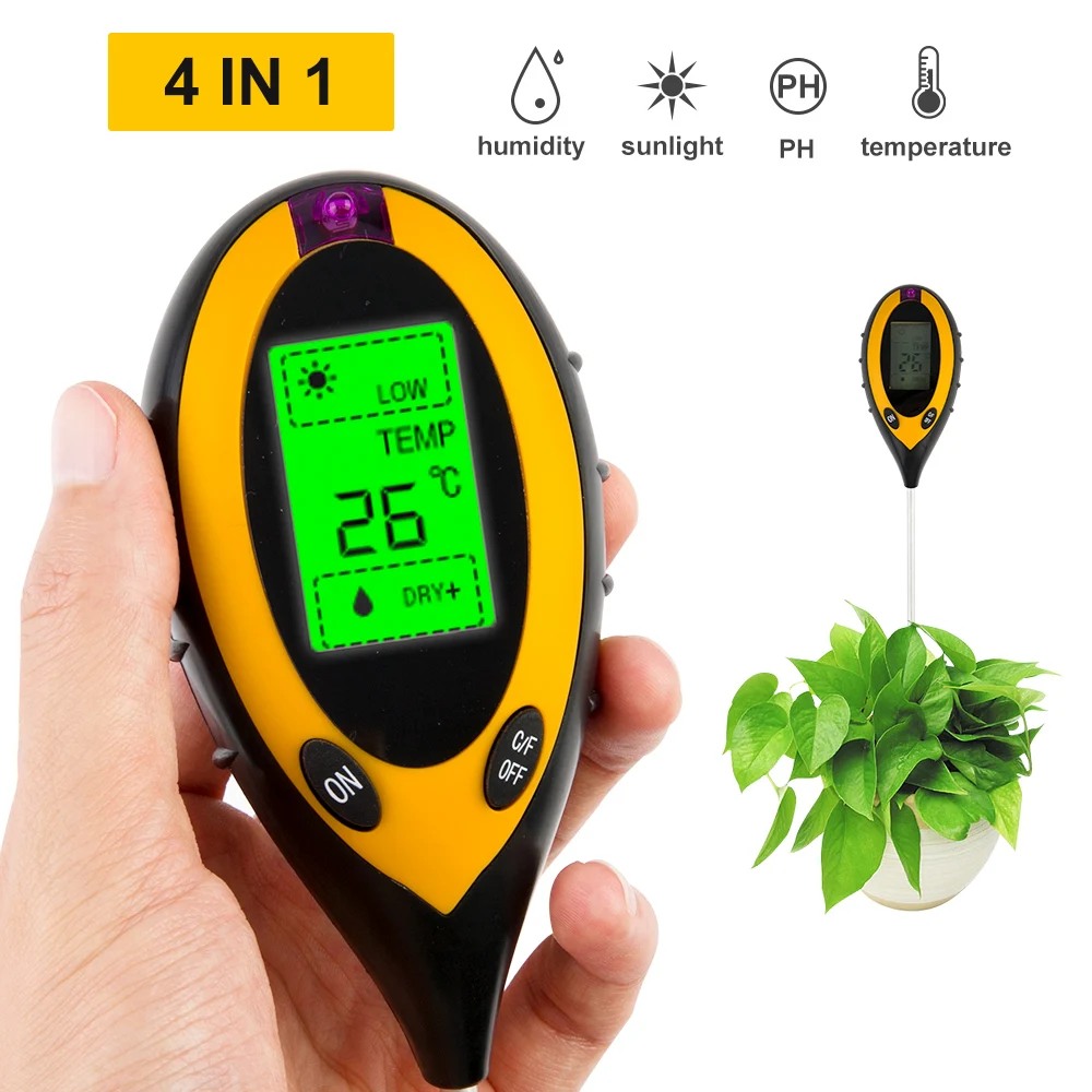 4 в 1 цифровой рН-метр для почвы монитор влажности температура Солнечный свет тестер для садоводства растений земледелие с Blacklight