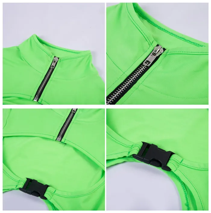 Пикантные выдалбливают флуоресцентный зеленый Женский Игровой костюм Лето Лидер продаж Дамская Мода Боди Черная молния пряжки комбинезон