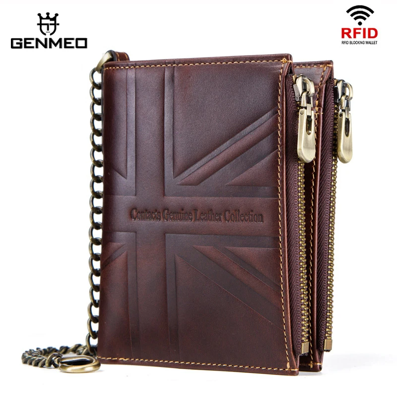 

GENMEO New Arrival Genuine Leather Wallets Men Cow Leather with Chain Short Clutch with RFID Resistant and Coin Purse Bolsa