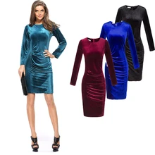 Plus größe elegante dress frauen oansatz langarm mini samt dress 2017 plissee slit solide sexy abendgesellschaft kleider rot