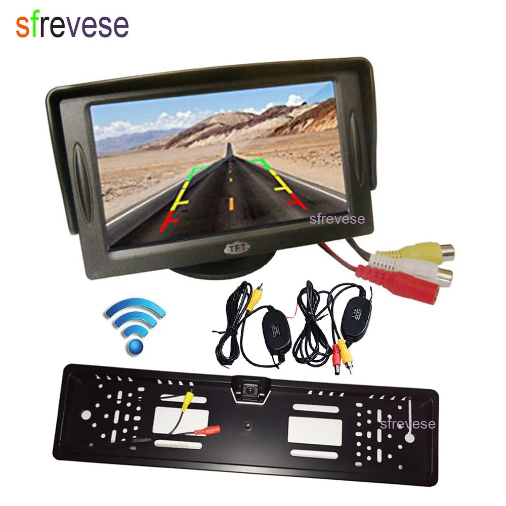 

4.3" Car Vehicle LCD Monitor Rear View Kit + Wireless Waterproof EU Car License Plate Frame Reversing Backup Parking 4LED Camera