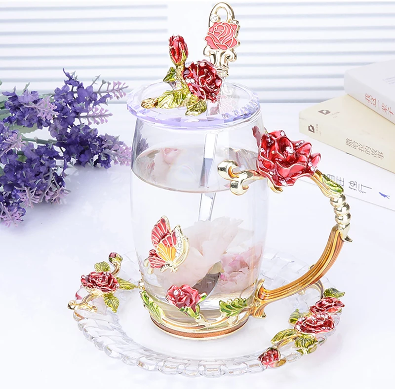 Розовые цветы и стразы, украшенные эмалью, кофейная кружка, цветочный чай, стеклянные молочные чашки, сплав, рукоятки, чашки и кружки, подарок