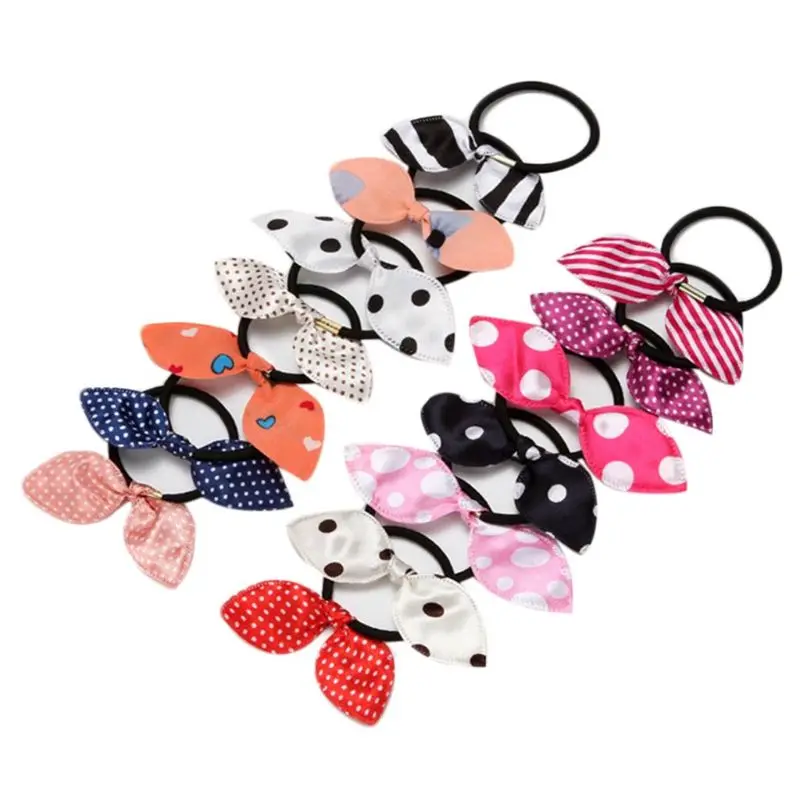 

Women Girl Cute Long Rabbit Ears Bowknot Elastic Hair Rope Polka Dot Stripe Heart Cloth Rubber Band Metal Buckle Ponytail Holder