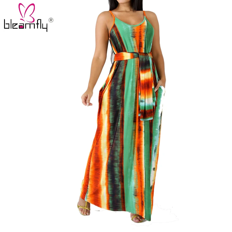 

Sexy Sleeveless Tie Dye Boho Long Dress Women Spaghetti Strap Beach Dress Vintage Multi Color Print Elegant Robe Femme Ete 2018