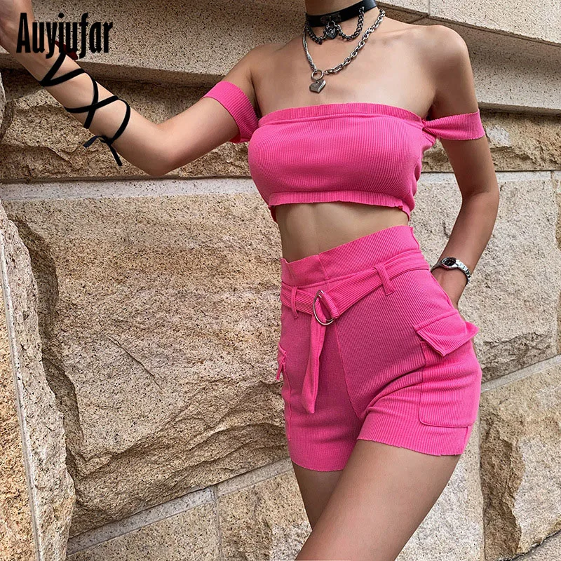 

Auyiufar Pink Tracksuit Two Pieces Set Cropped and Shorts Club Outfits Casual 2 Piece Summer Matching Short Sets Female 2 piece