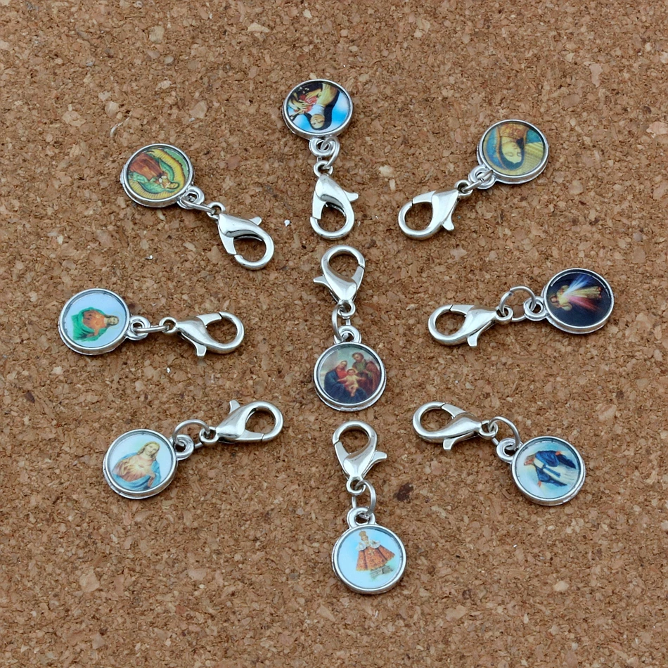 

12pcs Mixed Catholic Church Medals Saints Cross Beads Charms Bead with Lobster clasp Fit Charm Bracelet DIY Jewelry 10x26.8mm
