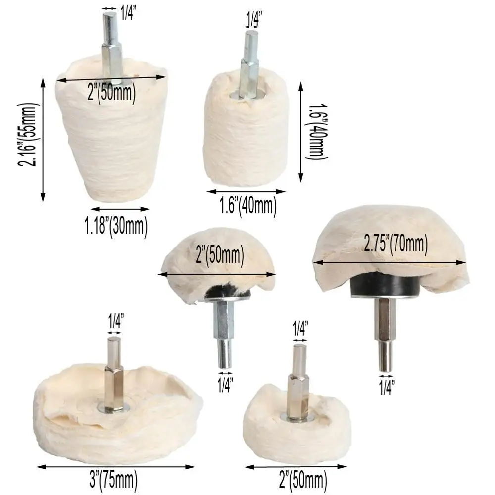 1 шт. 2 ''/3''/4 ''хлопок полированное шлифовальное колесо белый фланелет конус/колонна/гриб/Т-образный Шлифовальная головка для сверла - Цвет: mix 6pcs