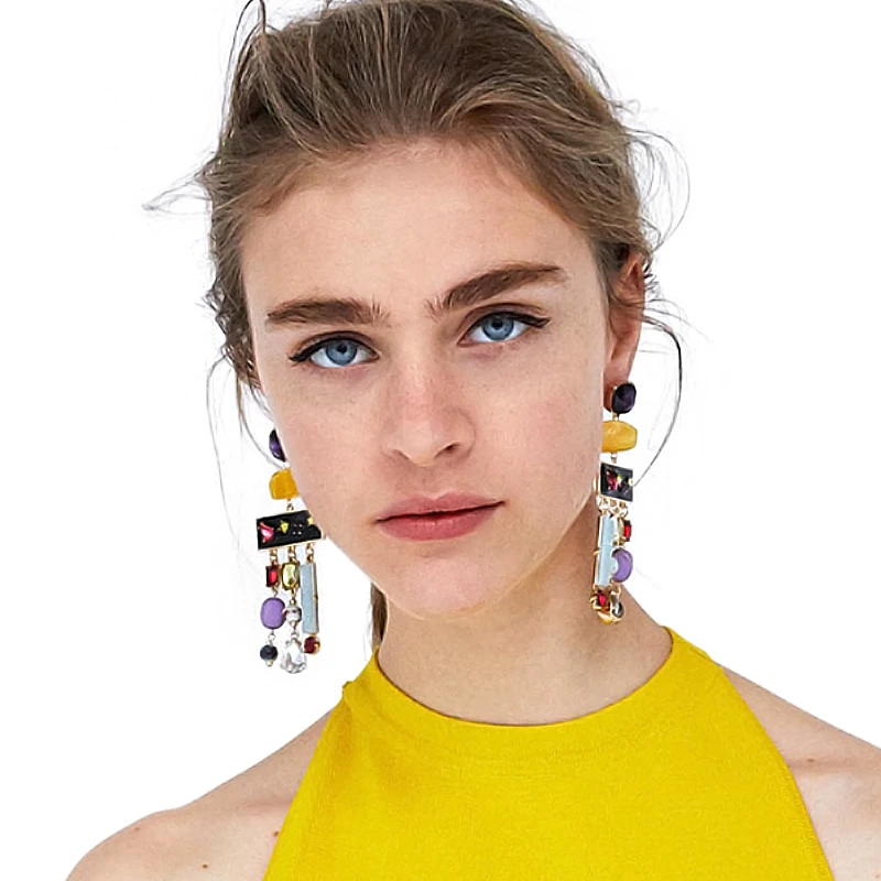Candy Color Resin Stone Long Chain Crystal Drop Earrings Women Bohemian Statement Big Water Drop Geometric Dangle Earrings 2018