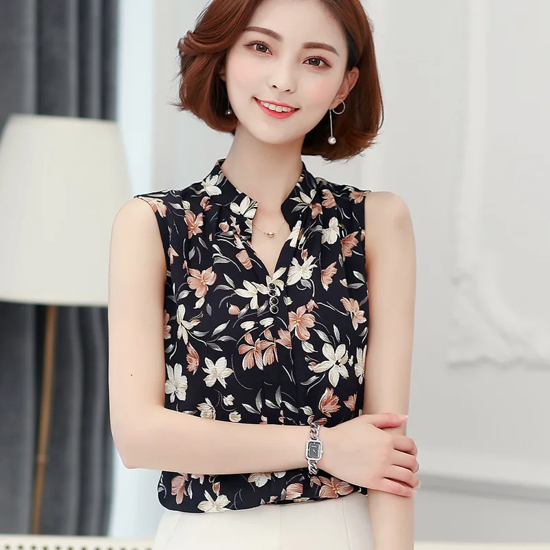 Women Chiffon Shirt Female Summer Sleeveless Stand Collar Blouse Office Ladies Fashion Work Top Slim Bottom Shirts Clothes H9036 5
