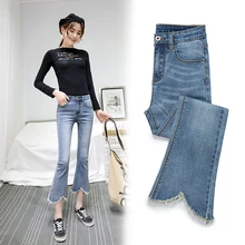 Микро брюки-клеш для девочек, девять штанов, весна-осень, новая мода, высокая талия, обтягивающие, тянущиеся, широкие джинсы, асимметричная нога