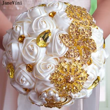 JaneVin великолепный Хрустальный Жемчуг Свадебные цветы Свадебные букеты с лентой ручка искусственный атлас Роза alestimenti Matrimonio
