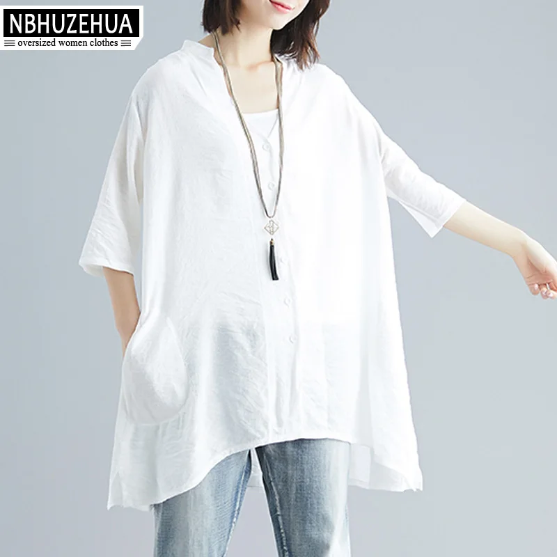

NBHUZEHUA Long Womens Tops and Blouses V Neck Cotton Linen 2019 Summer Cardigan Casual Loose Large Size Shirts 4XL 5XL 19-D209