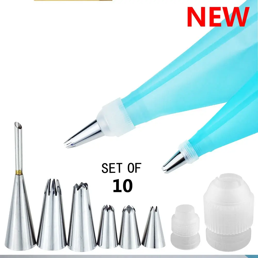 

10Pcs Silicone Kitchen Accessories Icing Piping Cream Pastry Bag Stainless Steel Nozzle Set DIY Cake Decorating Tip Set Bakeware