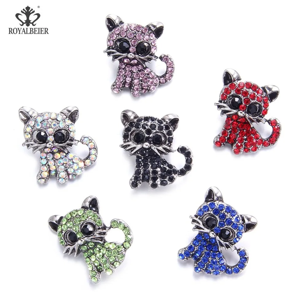 

RoyalBeier 5 Cute Cat Snap Button Wth Rhinestone Animal Metal Snap Button 18mm Colorful DIY Charms For Snap Bracelet Jewelry