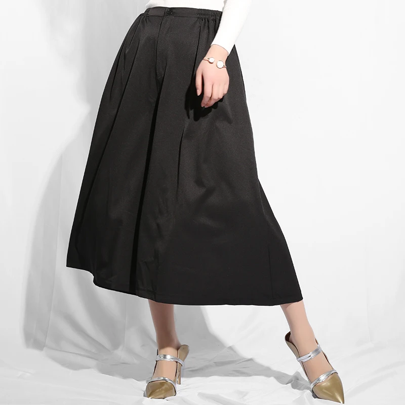 

LANMREM 2019 New Spring Summer High Elastic Waist Black Brief Pleated Loose Wide Leg Pants Women Trousers Fashion Tide WC32