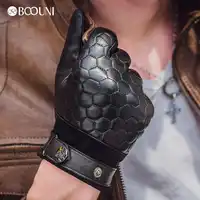 BOOUNI Genuine Leather Men Gloves Fashion Plaid Black Business Sheepskin Driving Glove Winter Thicken Warm Five Finger NM764