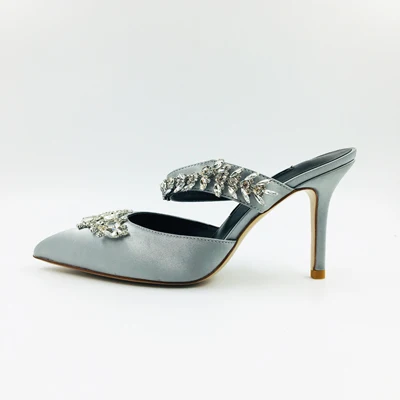 Атласная тканевая полоска с кристаллами; женские шлепанцы на высоком каблуке с украшением; шикарные Роскошные модельные туфли - Цвет: gray