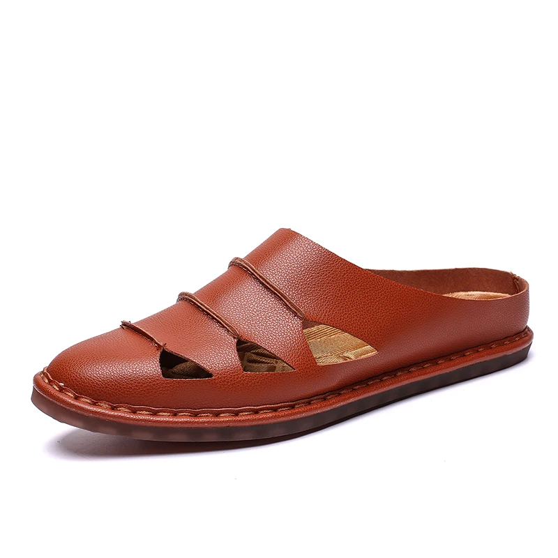 Мужские сандалии; кожаные дышащие сандалии; нескользящие летние пляжные сандалии в рыбацком стиле; повседневные мужские кожаные шлепанцы на плоской подошве - Цвет: Orange Slippers