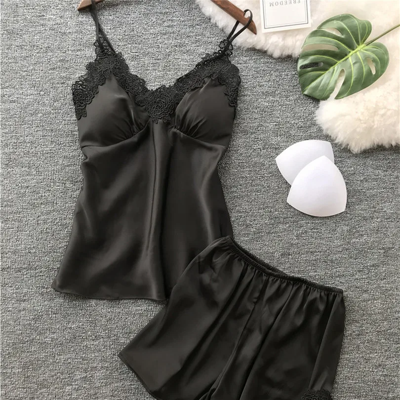 2019 Summer Women Sexy Satin Sling Sleepwear Lingerie Lace Nightdress Underwear Set Wholesale Dropshipping #E09 (7)