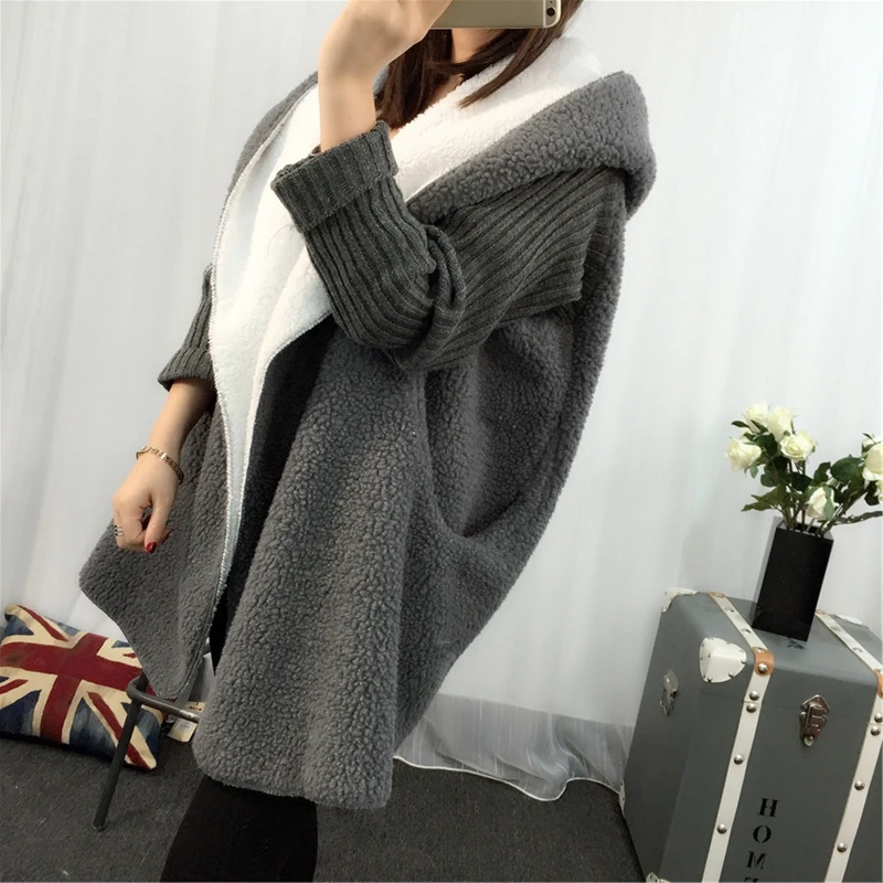 Женский модный свитер кардиган длинный абзац овечья шерсть Толстая Свободная куртка с капюшоном однотонный Зимний Теплый Дикий пальто