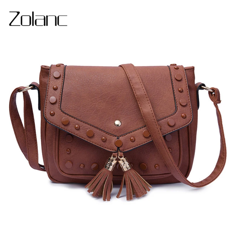 

Zolanc Retro Rivet Women Fringed Bag Solid Single Belt Square Magnetic Buckle Shoulder Bags Tassels Casual Fashion Messenger Bag