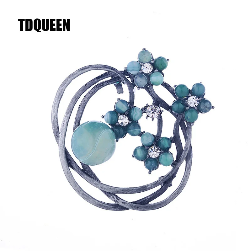 TDQUEEN Vintage Brooch Pins Antique Silver Plated Metal Green Natural Stone Beads Flower Big Round Pins and Brooches for Women (5)