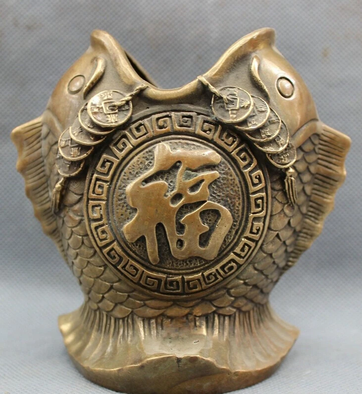 

huij 008739 Chinese Bronze Copper Wealth Coin Fu 2 Fish Head Statue Brush Pot Pencil Vase
