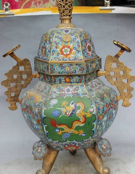 

USPS to USA S1723 Royal Chinese Cloisonne Enamel RuYi Dragon Head Statue Incense Burner Censer